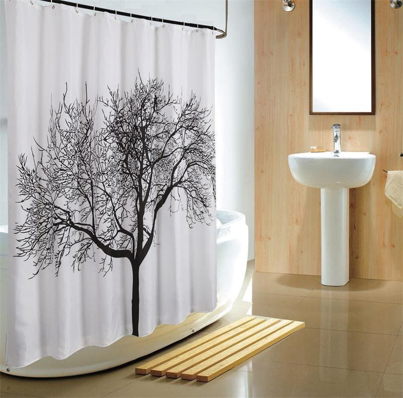 Zasłonka prysznicowa 180x200cm, polyester, czarno/biała, drzewo